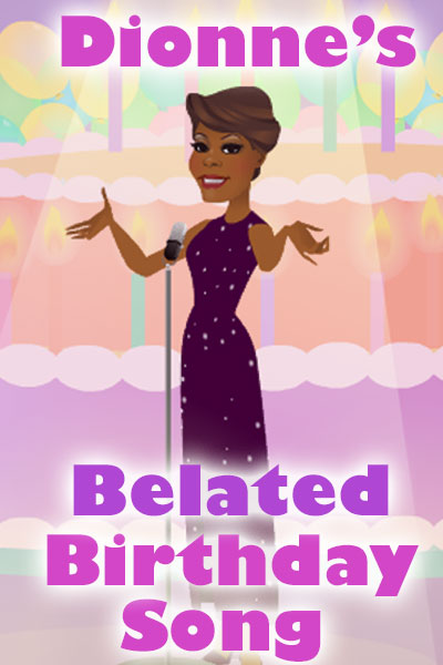 An illustrated Dionne Warwick, in a sparkling dress sings a birthday song into a microphone.
