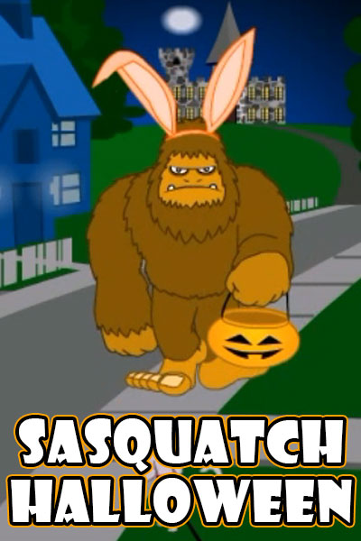A large sasquatch goes trick or treating. He is holding a jack o' lantern bucket, and wearing pink bunny ears as his costume.