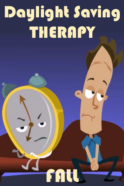 A man and a clock sit on a therapist's couch. They both look angry at each other.