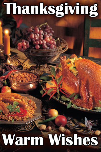 A table laden with Thanksgiving staples: a roast turkey, stuffing, and apples are among the bounty.