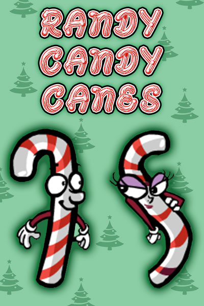 Two cartoon candy canes. The one on the left is male, and in the shape of a traditional candy cane. The candy cane on the right is female, and is leaning over seductively, which has bent her into an ‘S’ shape. The ecard title Randy Candy Canes appears above them.
