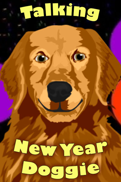 A cartoon golden retriever. The ecard title Talking New Year Retriever is written around the doggie.