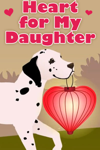 A dalmation holds a heart-shaped paper lantern in its mouth.