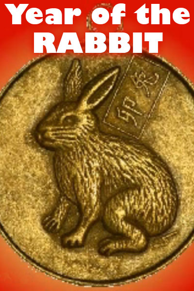 A golden coin with a rabbit stamped into its surface.