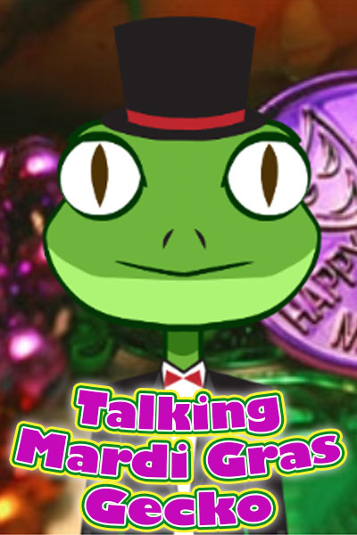 A gecko in a tuxedo and tophat. There is a collage of Mardi Gras items in the back such as coins and beads.