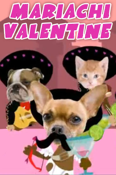 A mariachi band consisting of a chihuahua, bulldog, and kitten. The chihuahua is dressed as a cupid, with a diaper and bow, he is also wearing a sombrero, mustache, and holding a margarita. The bulldog and cat are wearing full Mariachi outfits, and holding musical instruments.