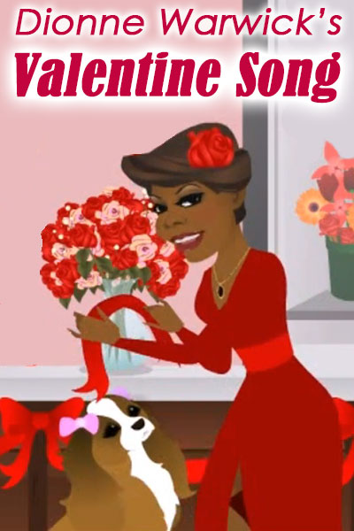 A smiling Dionne Warwick, and a vase filled with red roses.