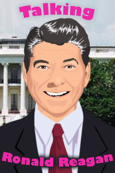 A smiling Ronald Reagan in front of the White House.