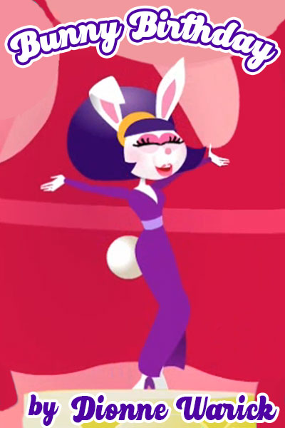 A bunny in a purple dress. She has a cute, short hairstyle with bangs, and a yellow headband. She's wearing pink eye shadow and pink lipstick 