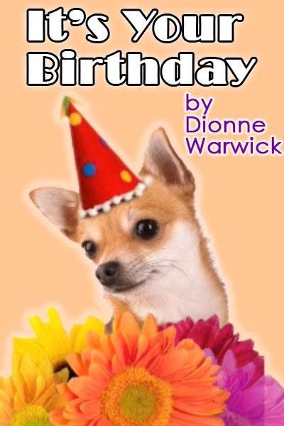 A chihuahua in a party hat looks over a bouquet of colorful daisies in this cheerful birthday ecard.