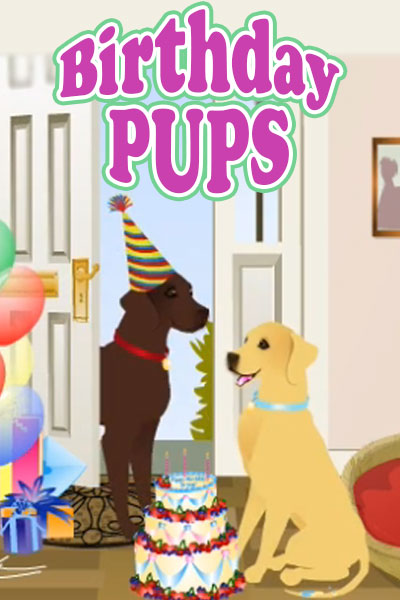 Two dogs at a birthday party. One is wearing a striped party hat.