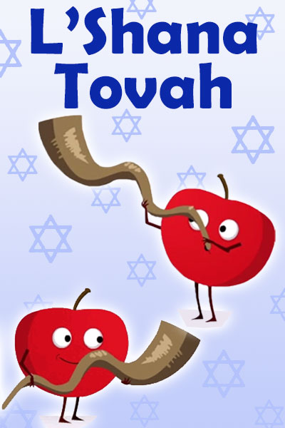 A couple of illustrated apples. One is holding a shofar, and the other apple is blowing a shofar.