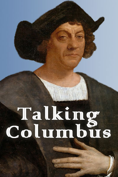 An old fashioned painting of Christopher Columbus. He is looking at the viewer, with his hand over his stomach.