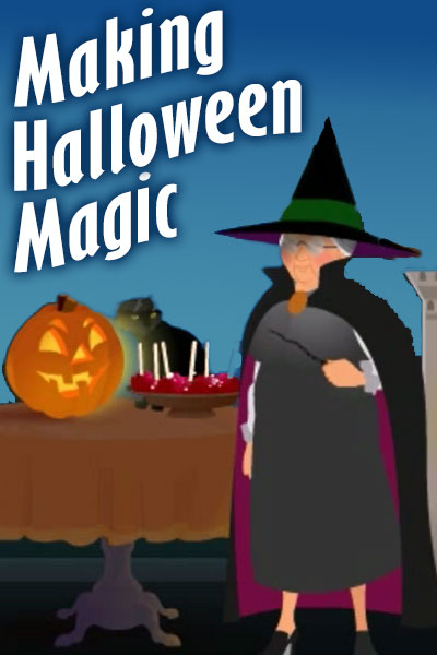 A cheerful, grandmotherly witch waves her wand over a table, turning the items on it from normal (a pumpkin vase, and a bowl of apples), to spooky (a jack o' lantern, a tray of candy apples), with the addition of a black cat.