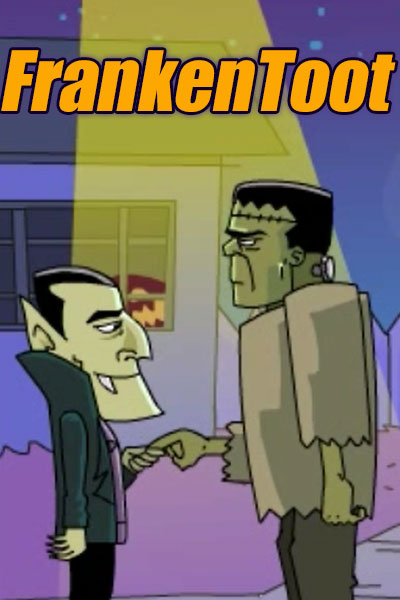 Frankenstein and Dracula face each other. Frankenstein is offering his index finger to Dracula, who is pulling on the offered finger.