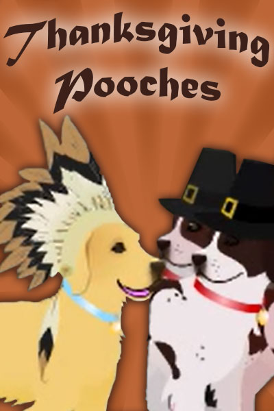 Three dogs look at each other. Two are dressed in pilgrim hats, and the third is wearing a headpiece made out of feathers.