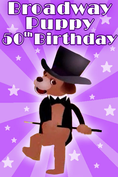 A cute puppy in a tuxedo jacket, bow tie, and top hat, holds a cane and dances.