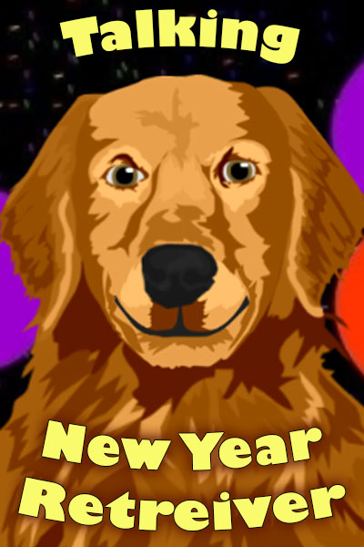 A cartoon golden retriever, with the ecard title New Year Retriever written around it.