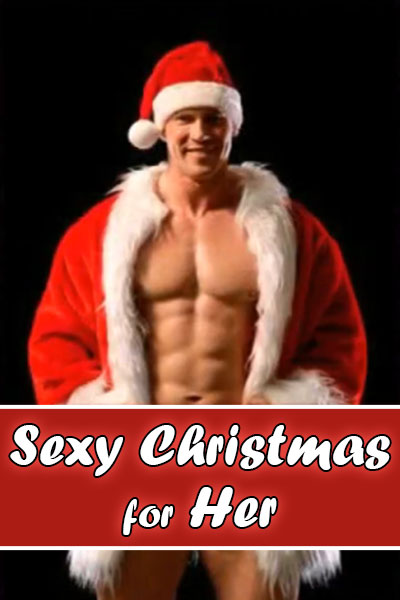 A muscular man. He is nude except for a red Santa hat and jacket. The title of this naughty Christmas card is written over his crotch, concealing it from the viewer.