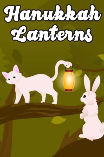 A white cat walks along a tree branch carrying a lantern with its tail. 