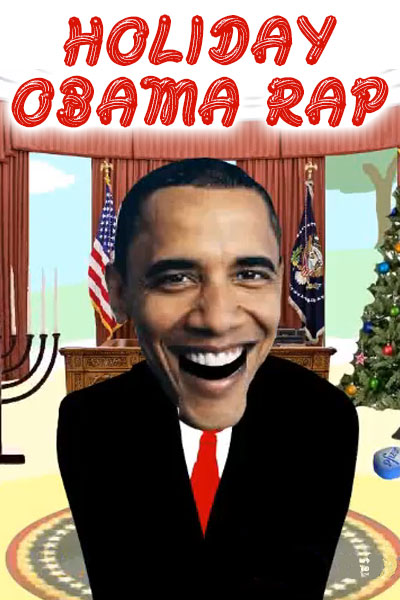 A photo of Barack Obama’s face wearing a cartoon Santa hat, and a suite and tie.