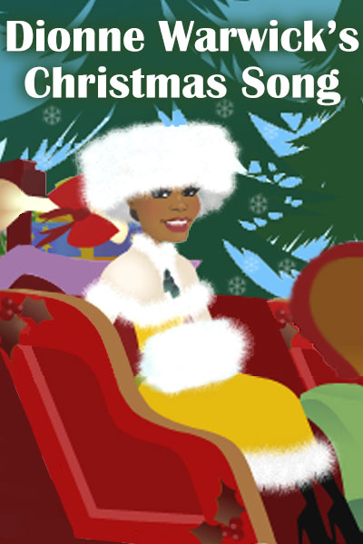 An illustration of the beautiful singer Dionne Warwick. She is wearing a yellow dress, and using a fluffy white hand warmer, shoulder shawl, and hat to stay warm, while sitting in a sleigh filled with presents. Dionne Warwick’s Christmas Song.