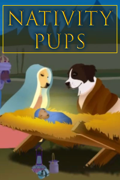 An illustrated manger scene with dogs instead of people. The canine Mary and Joseph solemnly look over the manger where the softly glowing puppy that represents Jesus is resting. The words Nativity Pups are written above them. 