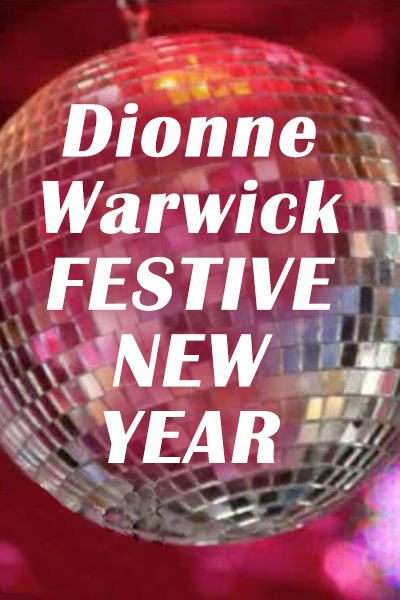A large, sparkling disco ball is overlaid with the ecard title Dionne Warwick Festive New Year.