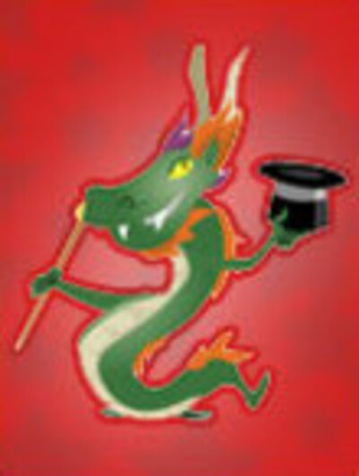 A colorful Chinese dragon dances, while holding a top hat and cane.