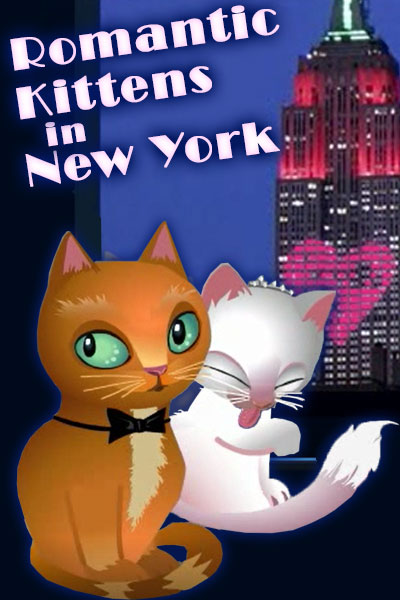An orange cat wearing a bowtie sits next to a white kitty who's licking her arm to clean it. There is a skyscraper in the background with a big pink heart on it.