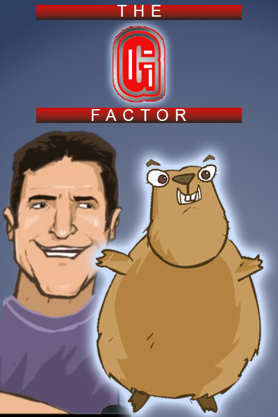 A groundhog performs in front of a talent show judge.