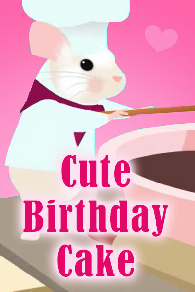 The thumbnail image for this cartoon birthday card is an adorable white mouse in a chef's coat. It is working on baking a cake.