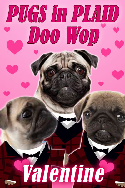 Three pugs, wearing red plaid tuxedos, and surrounded by hearts.