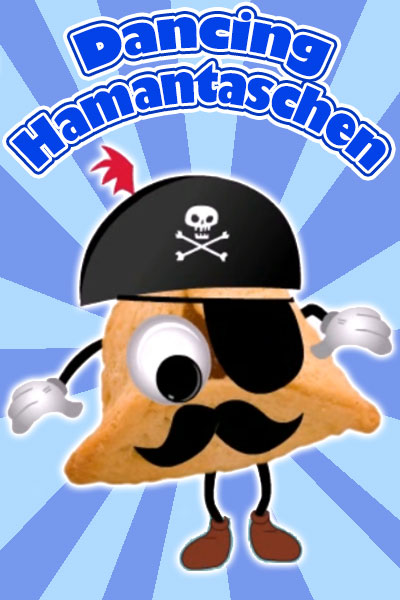 A hamantash is dressed like a pirate, with a mustache, eye patch, and a hat with a skull and crossbones on it.