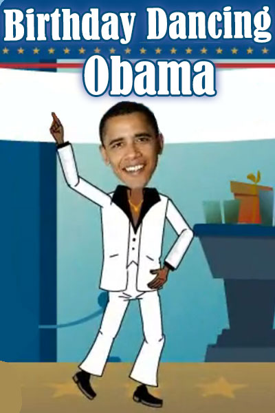 A photo of Barack Obama’s face, on a cartoon body. He is wearing a white disco suit, dancing, and carrying a large birthday cake.