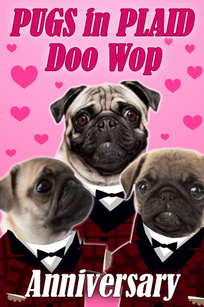 Three pugs, wearing red plaid tuxedos, and surrounded by hearts.