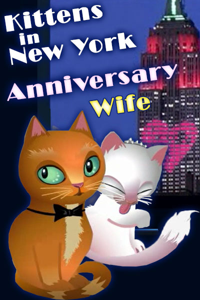 A pair of kittes pause in front os a skyscraper in New York. The boy kitty is wearing a bow tie, and the girl kitty wears a tiara, and idly cleans her foot.