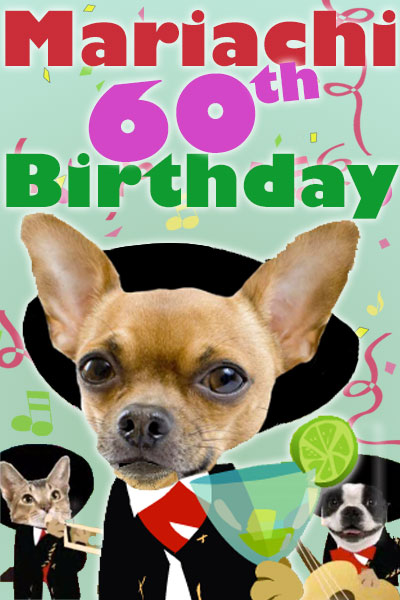 Photographs of a chihuahua, Boston terrier, and cat’s faces. They are dressed in cartoon mariachi outfits and sombreros. The chihuahua is holding a margarita, the Boston terrier is holding a guitar and the cat is playing a trumpet. The ecard title Mariachi 60th Birthday is above them.