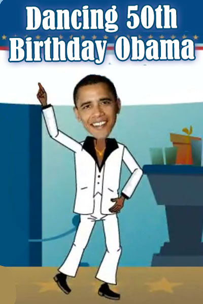 Barak Obama wearing a white, button-up shirt, with a wide black collar in the style of a disco dancer. He is carrying a birthday cake, and dancing.