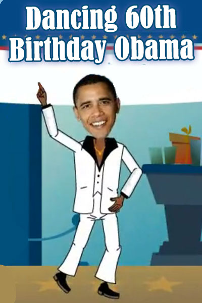 Barak Obama wearing a white, button-up shirt, with a wide black collar in the style of a disco dancer. He is carrying a birthday cake, and dancing.