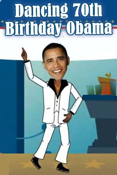 Barak Obama wearing a white, button-up shirt, with a wide black collar in the style of a disco dancer. He is carrying a birthday cake, and dancing.