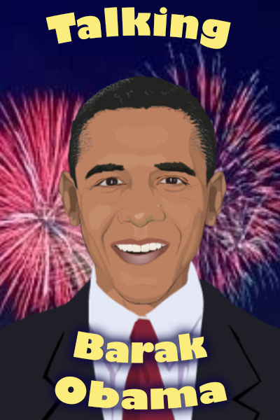 A smiling Obama looks at the viewer. There are fireworks going off in the background.