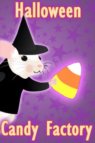 A little white mouse in a witch's costume with a pointy hat, leans on screen to offer the viewer a piece of candy corn.