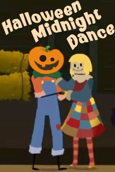 A scarecrow with a pumpkin head dances with a doll in a patchwork dress.