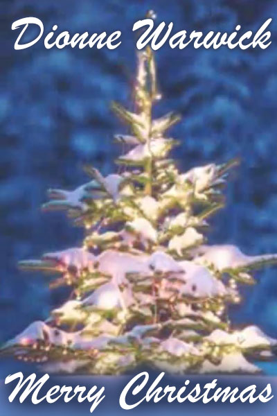 A large, beautiful Christmas tree, covered with golden lights and snow. The ecard title Dionne Warwick Merry Christmas is written along the top and bottom of the tree.