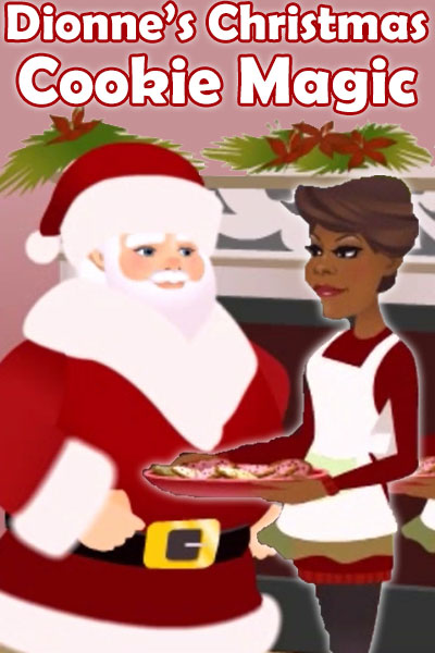 An illustrated Dionne Warwick offering a plate of Christmas cookies to Santa Claus. The ecard title Dionne’s Christmas Cookie Magic is written above them.