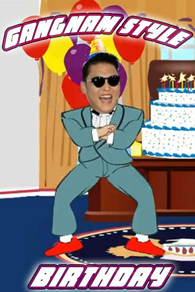 A photo of South Korean singer PSY’s face, on a cartoon body in a pose from the song Gangnam Style. He is next to a birthday cake. In the background a photo of Barack Obama’s face on a cartoon body watches him with a shocked look on his face. 