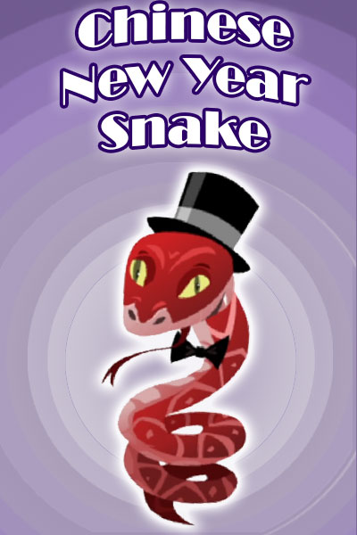 A red and gold snake wearing a bow tie, and top hat. 