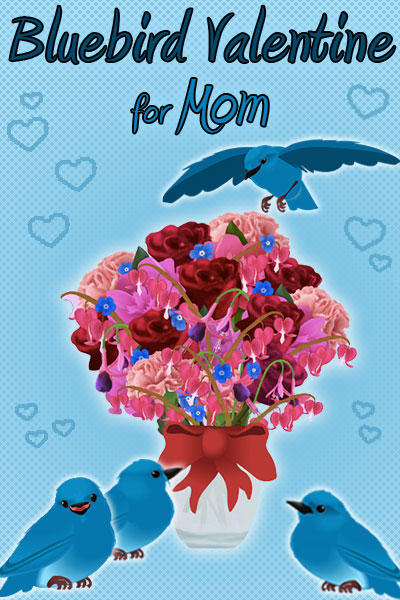 three bluebirds surround a vase full of colorful flowers, while another bluebird flits around the bouquet.