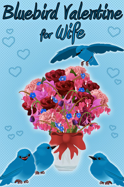 three bluebirds surround a vase full of colorful flowers, while another bluebird flits around the bouquet.